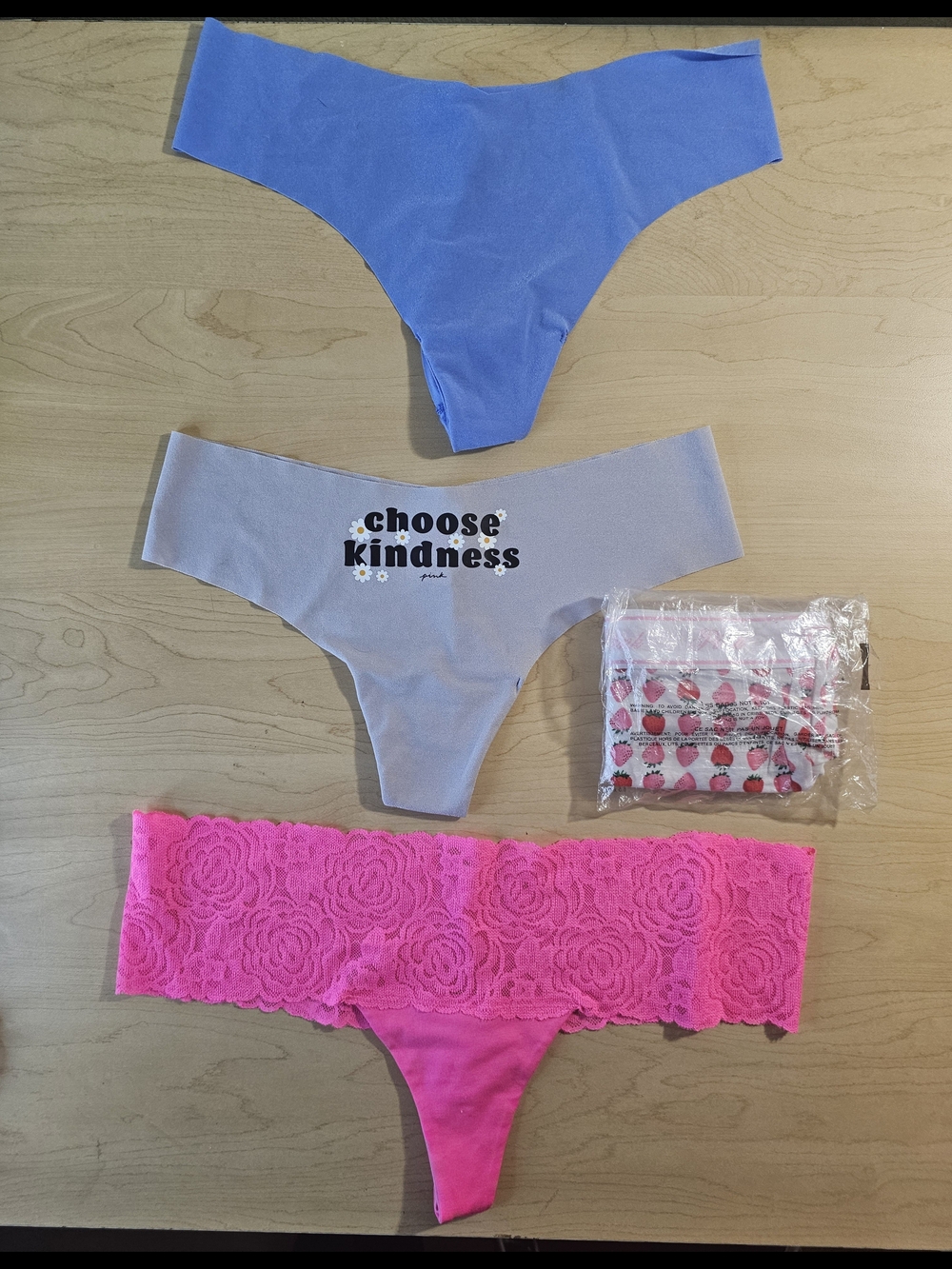 PINK Victoria's Secret Blue, Light Gray & Hot Pink Thong Set.